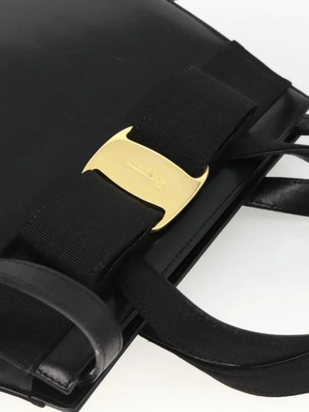 Salvatore Ferragamo Vala Ribbon Hand Bag Leather 2way Black Gold Auth ka3380